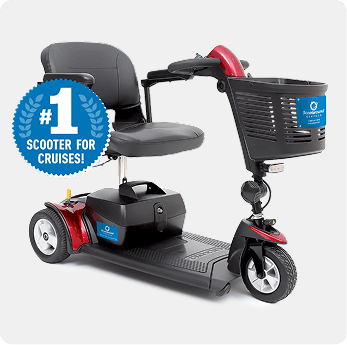 Red three-wheel mobility scooter with a badge "1 Scooter for Cruises!".
