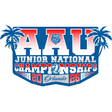 AAU Junior National Championships 2026 Orlando logo with volleyball net and palm tree graphics.