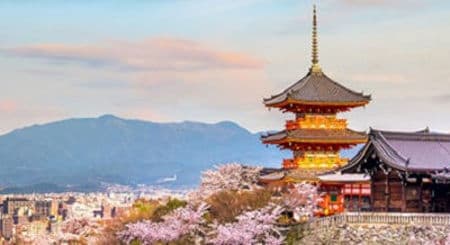 Traditional Japanese pagoda and cherry blossoms overlooking a city with mountains.